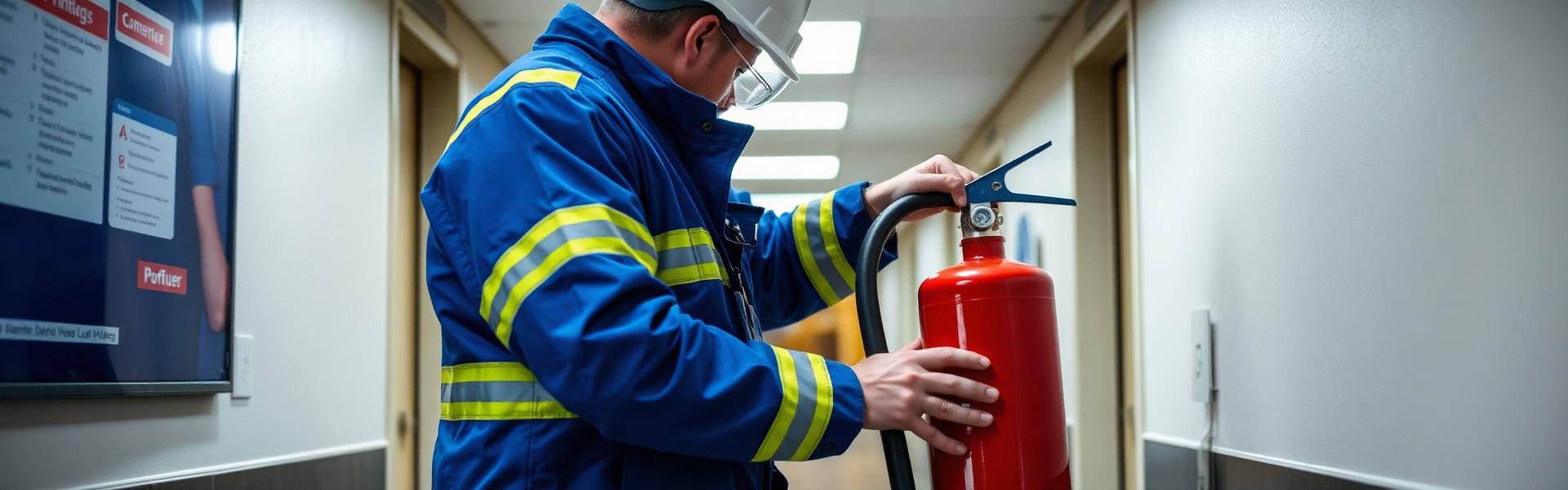 Technician servicing a fire extinguisher in a commercial hallway